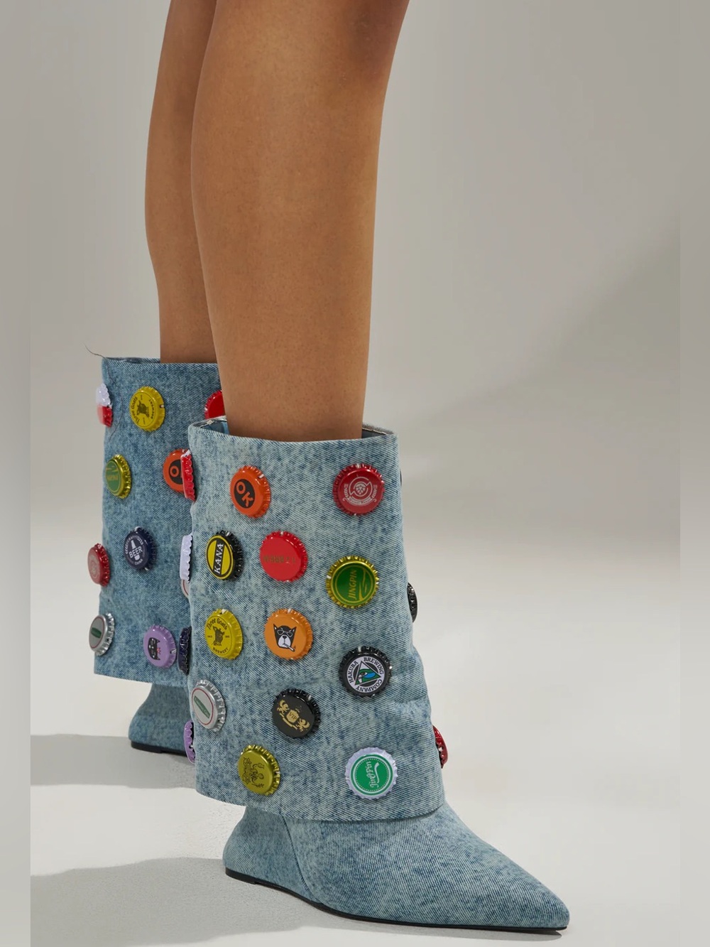Azalea Wang Eaven Wedge Embellished Denim Bootie crafted with bottlecap🪙🥤✨